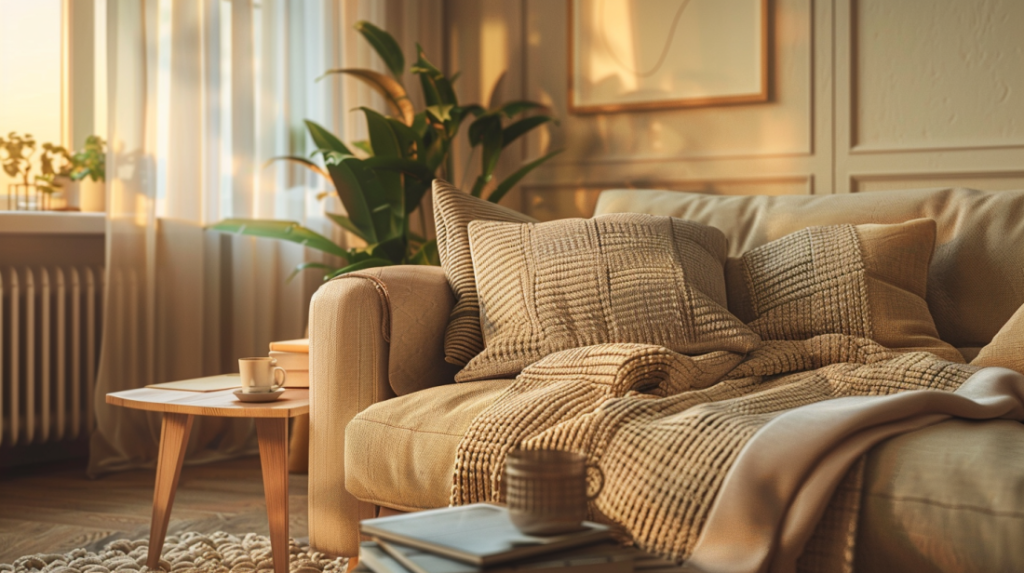 bezowa sofa koc i poduszki