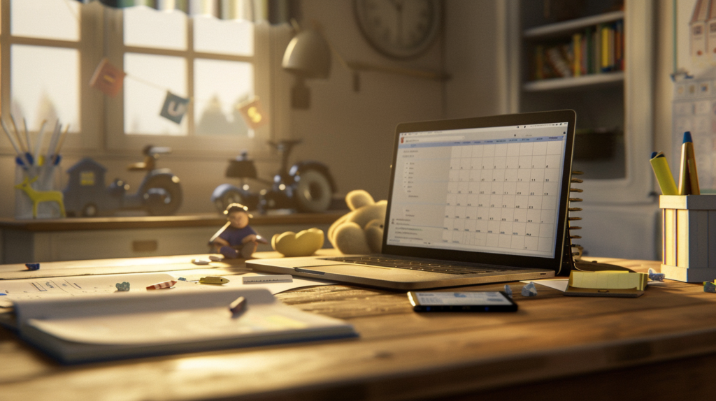 biurko laptop kalendarz zabawki