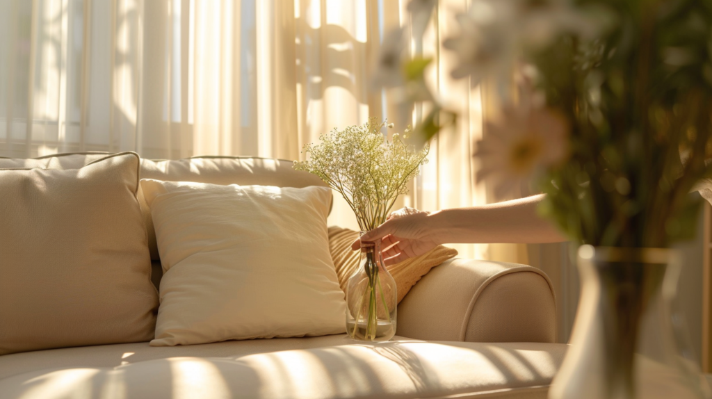 kobieca reka kwiaty wazon biala sofa